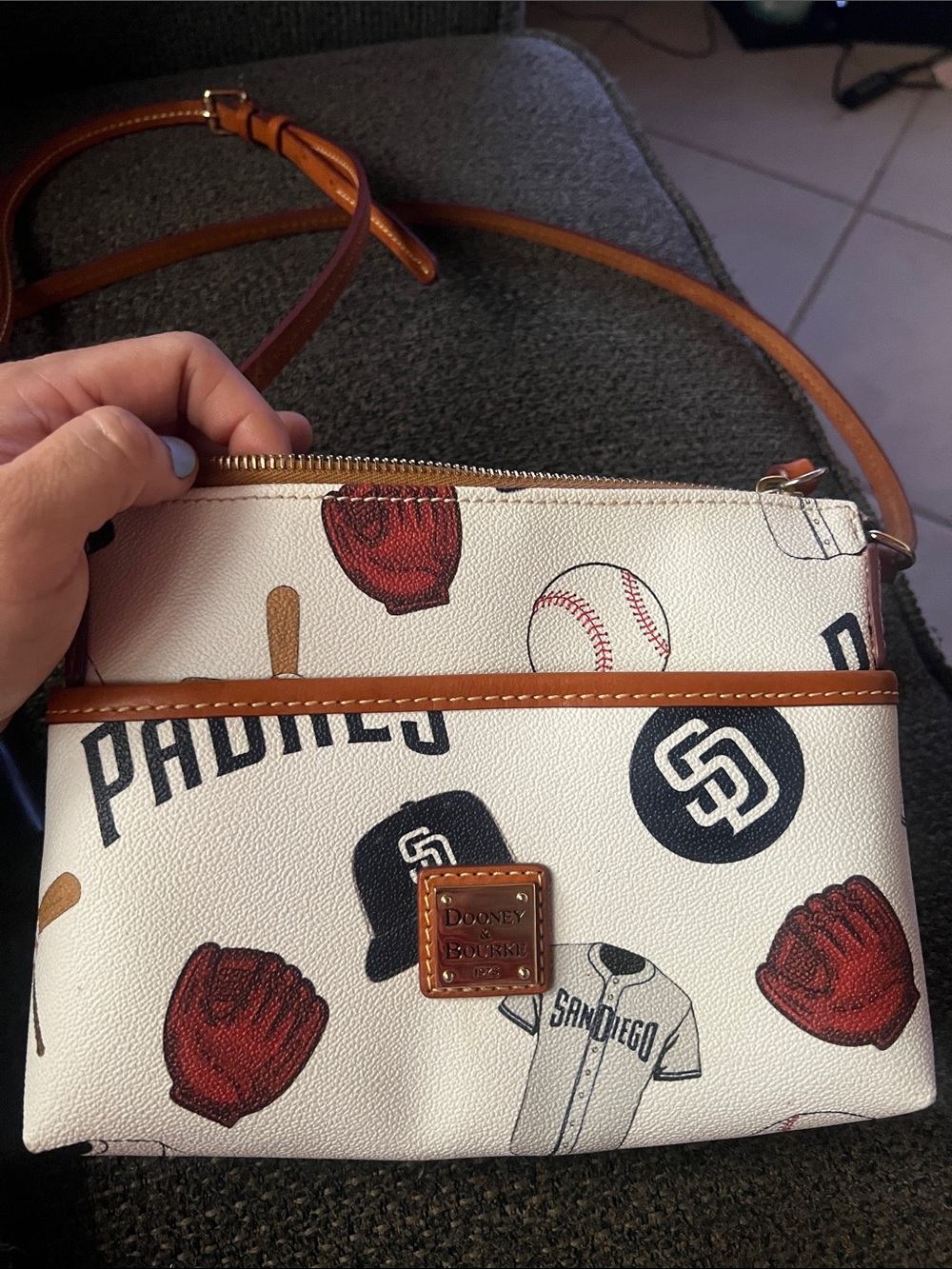 Dooney & Bourke White San Diego Padres Printed Crossbody with Brown Trim